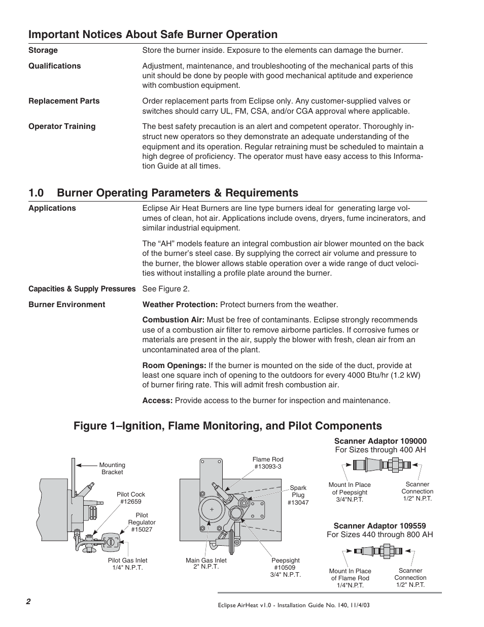 Important notices about safe burner operation, 0 burner operating parameters & requirements | Eclipse Combustion AH User Manual | Page 2 / 8