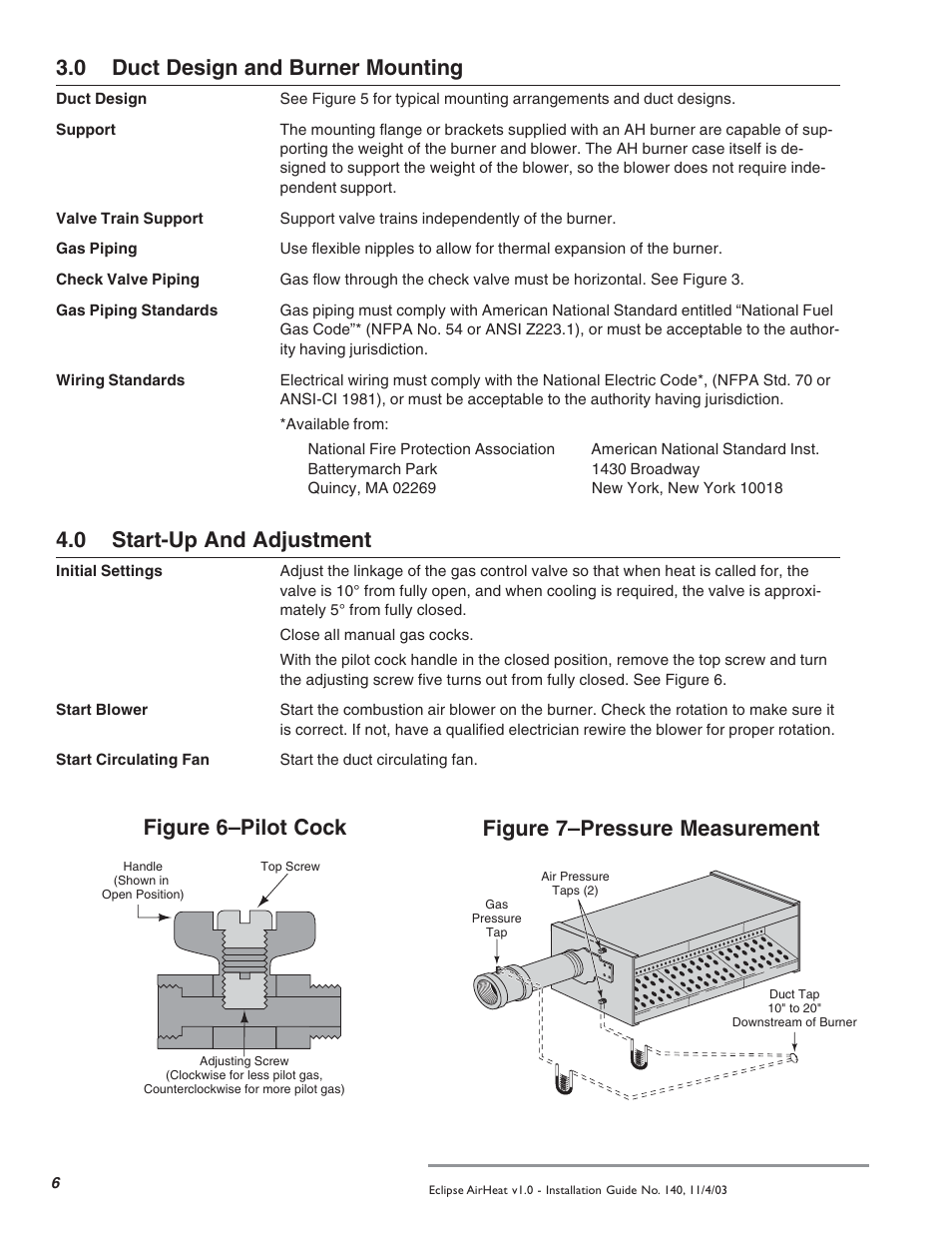 0 duct design and burner mounting, 0 start-up and adjustment, Figure 7–pressure measurement figure 6–pilot cock | Eclipse Combustion AH User Manual | Page 6 / 8