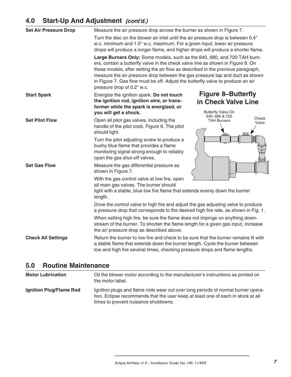 0 start-up and adjustment, 0 routine maintenance, Figure 8–butterfly in check valve line | Eclipse Combustion AH User Manual | Page 7 / 8