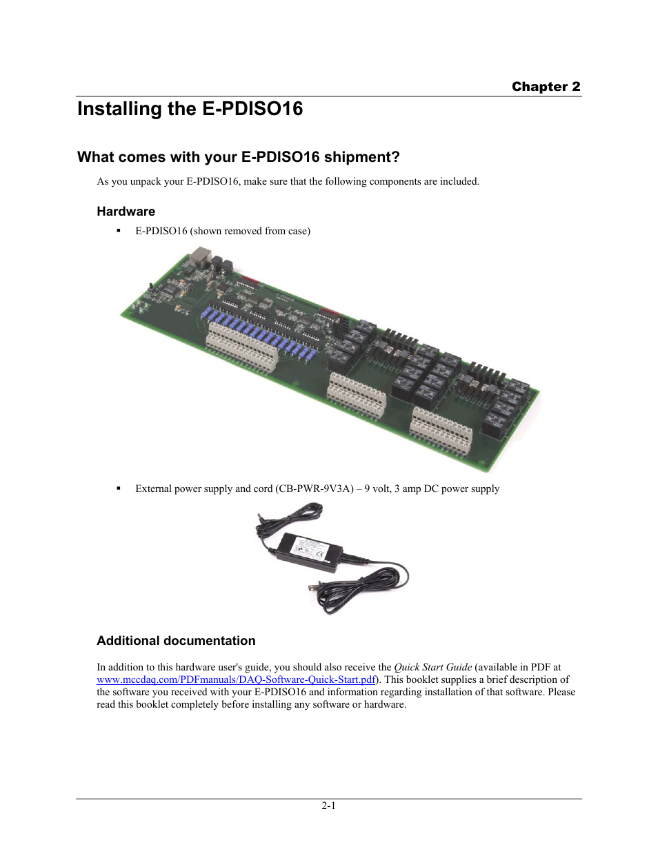 Installing the e-pdiso16, What comes with your e-pdiso16 shipment, Hardware | Additional documentation, Installing the e-pdiso16 -1, What comes with your e-pdiso16 shipment? -1, Hardware -1, Additional documentation -1 | Measurement Computing E-PDISO16 User Manual | Page 10 / 28