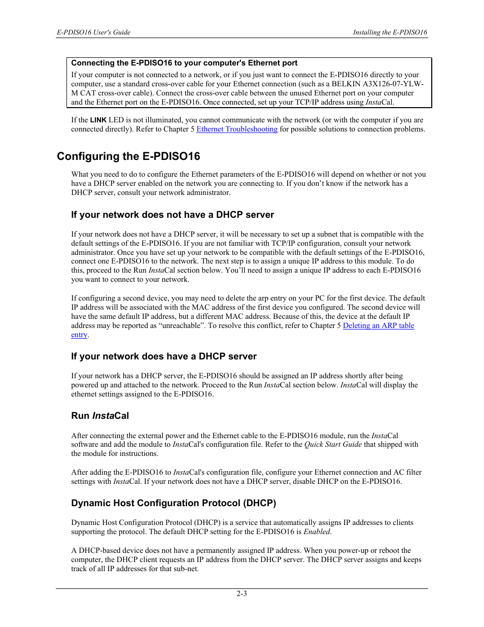 Configuring the e-pdiso16, If your network does not have a dhcp server, If your network does have a dhcp server | Run instacal, Dynamic host configuration protocol (dhcp), Configuring the e-pdiso16 -3, If your network does not have a dhcp server -3, If your network does have a dhcp server -3, Run insta cal -3, Dynamic host configuration protocol (dhcp) -3 | Measurement Computing E-PDISO16 User Manual | Page 12 / 28