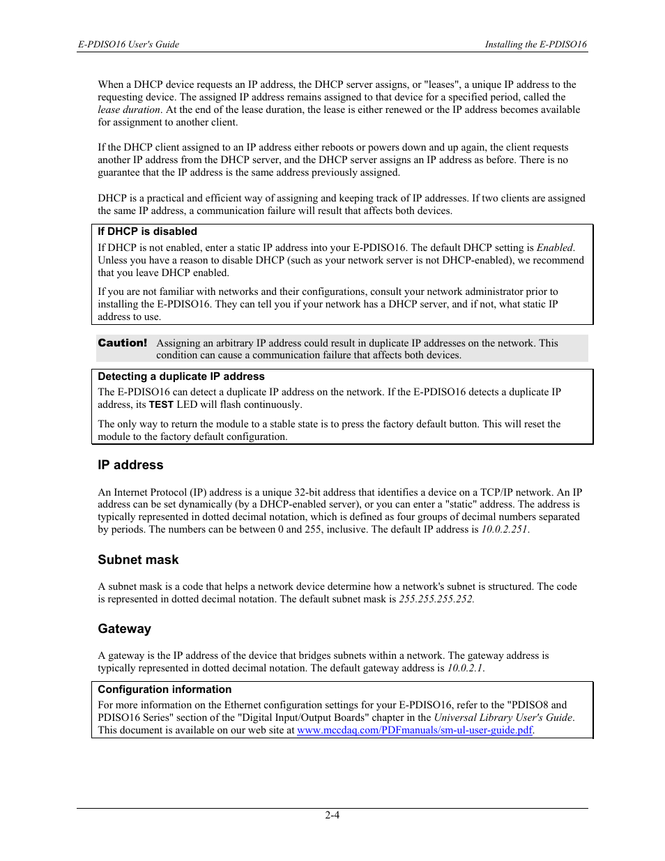 Ip address, Subnet mask, Gateway | Ip address -4, Subnet mask -4, Gateway -4 | Measurement Computing E-PDISO16 User Manual | Page 13 / 28