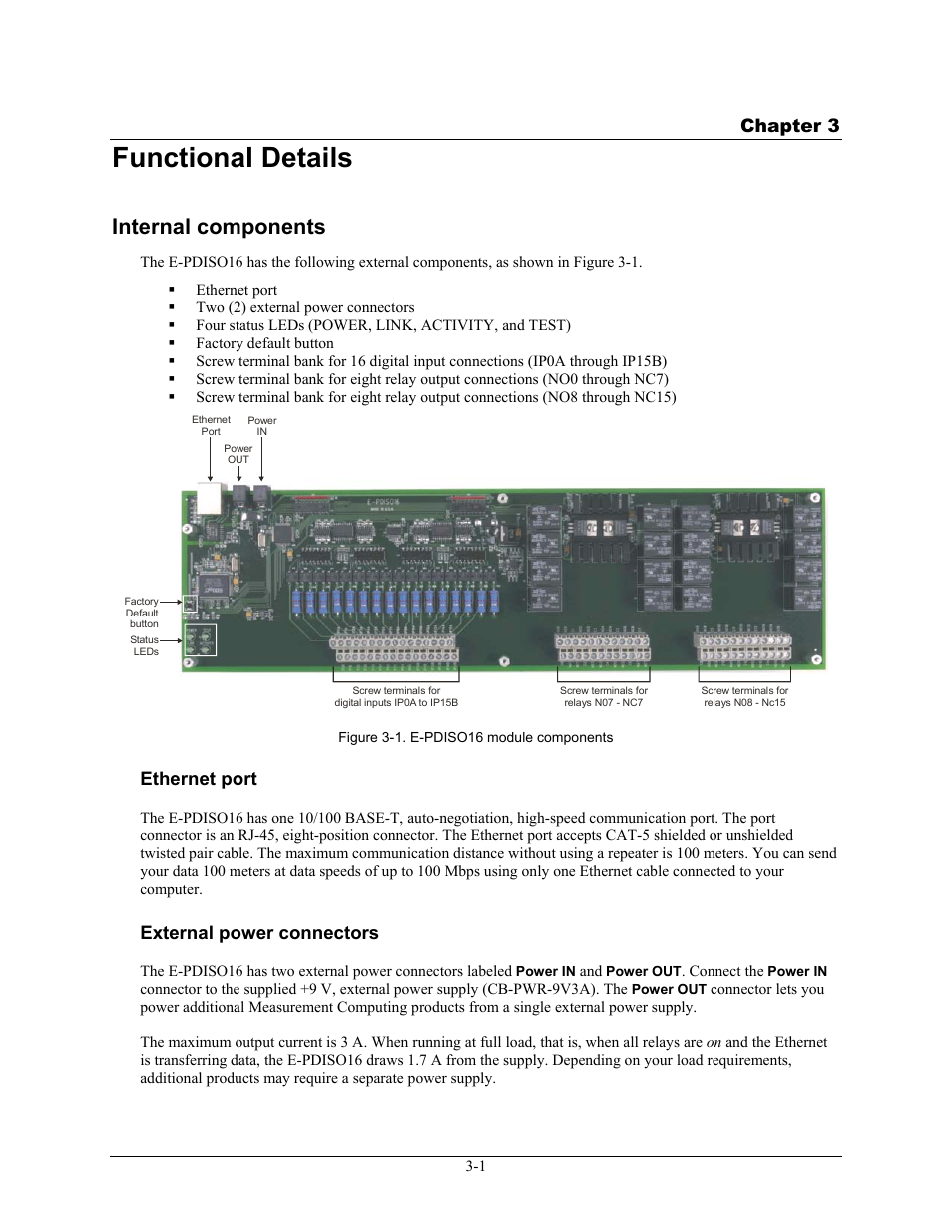 Functional details, Internal components, Ethernet port | External power connectors, Functional details -1, Internal components -1, Ethernet port -1, External power connectors -1, Figure 3-1, Chapter 3 | Measurement Computing E-PDISO16 User Manual | Page 14 / 28