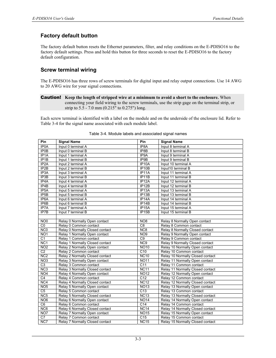 Factory default button, Screw terminal wiring, Factory default button -3 | Screw terminal wiring -3 | Measurement Computing E-PDISO16 User Manual | Page 16 / 28