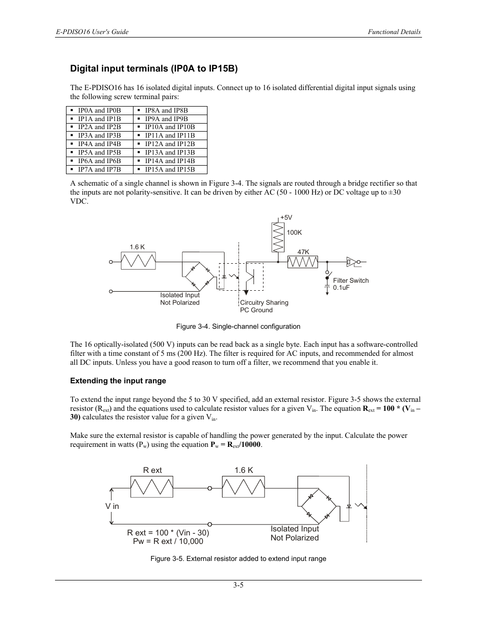 Digital input terminals (ip0a to ip15b), Extending the input range, Digital input terminals (ip0a to ip15b) -5 | Measurement Computing E-PDISO16 User Manual | Page 18 / 28