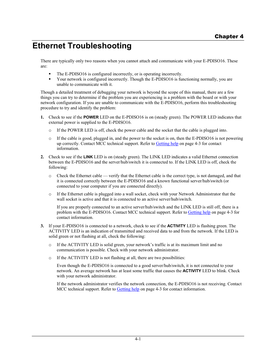 Ethernet troubleshooting, Ethernet troubleshooting -1 | Measurement Computing E-PDISO16 User Manual | Page 20 / 28