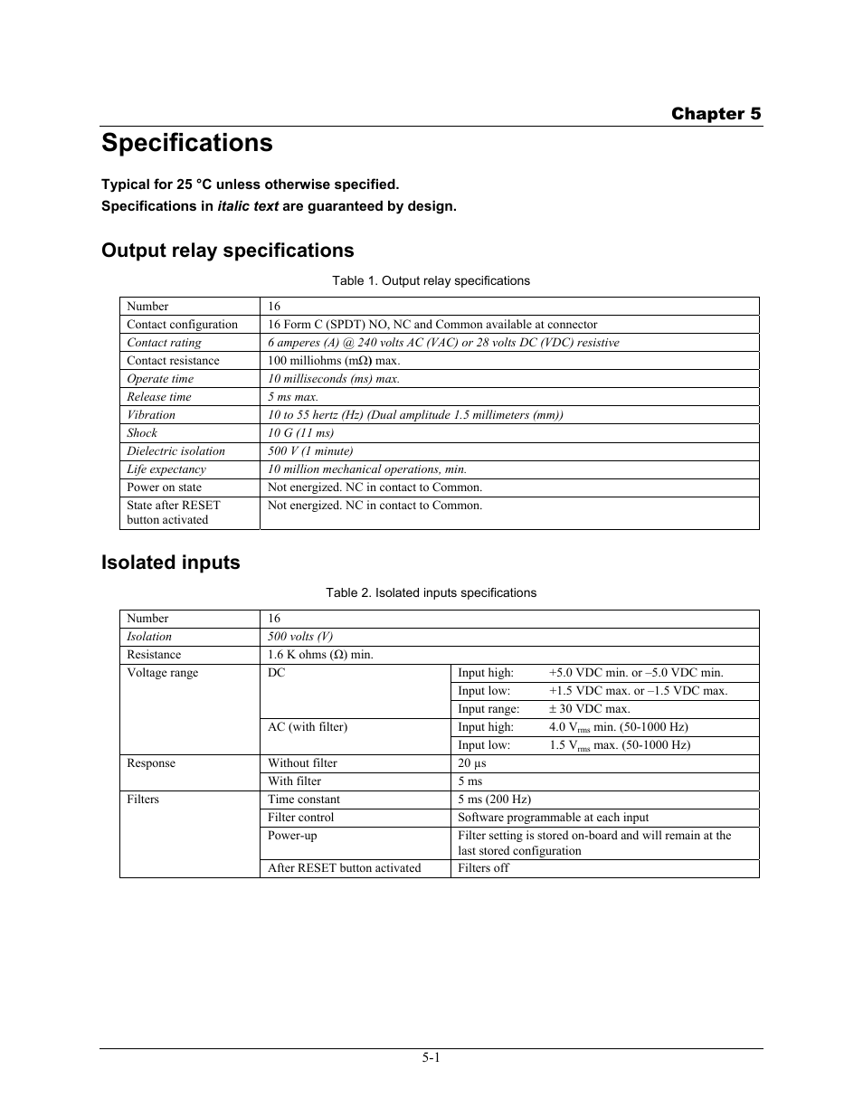 Specifications, Output relay specifications, Isolated inputs | Specifications -1, Output relay specifications -1, Isolated inputs -1, Chapter 5 | Measurement Computing E-PDISO16 User Manual | Page 24 / 28