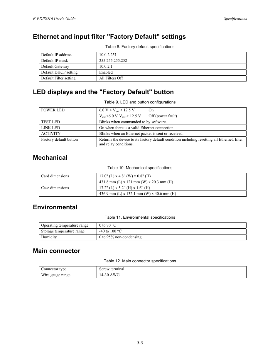 Led displays and the "factory default" button, Mechanical, Environmental | Main connector, Led displays and the "factory default" button -3, Mechanical -3, Environmental -3, Main connector -3 | Measurement Computing E-PDISO16 User Manual | Page 26 / 28