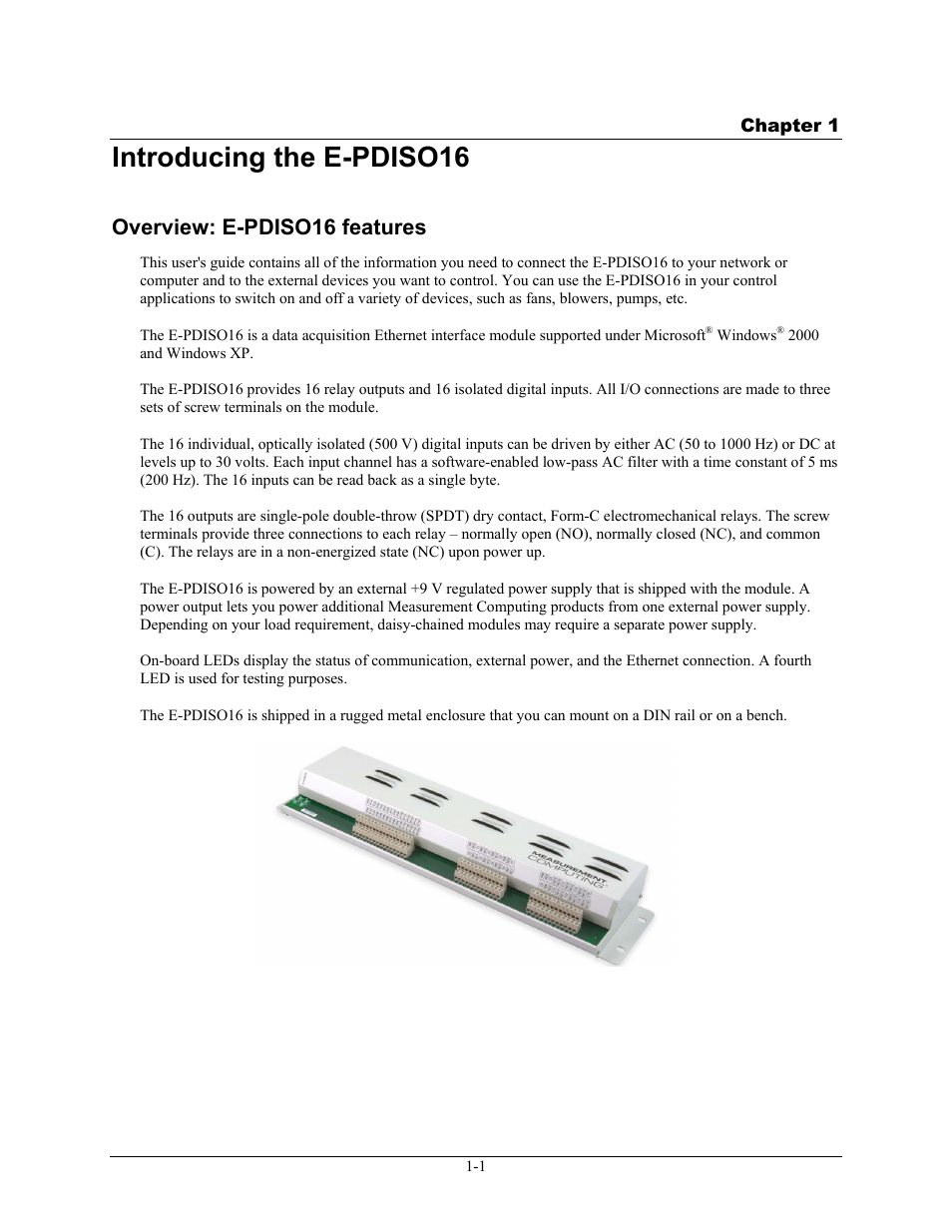 Introducing the e-pdiso16, Overview: e-pdiso16 features, Introducing the e-pdiso16 -1 | Overview: e-pdiso16 features -1 | Measurement Computing E-PDISO16 User Manual | Page 7 / 28