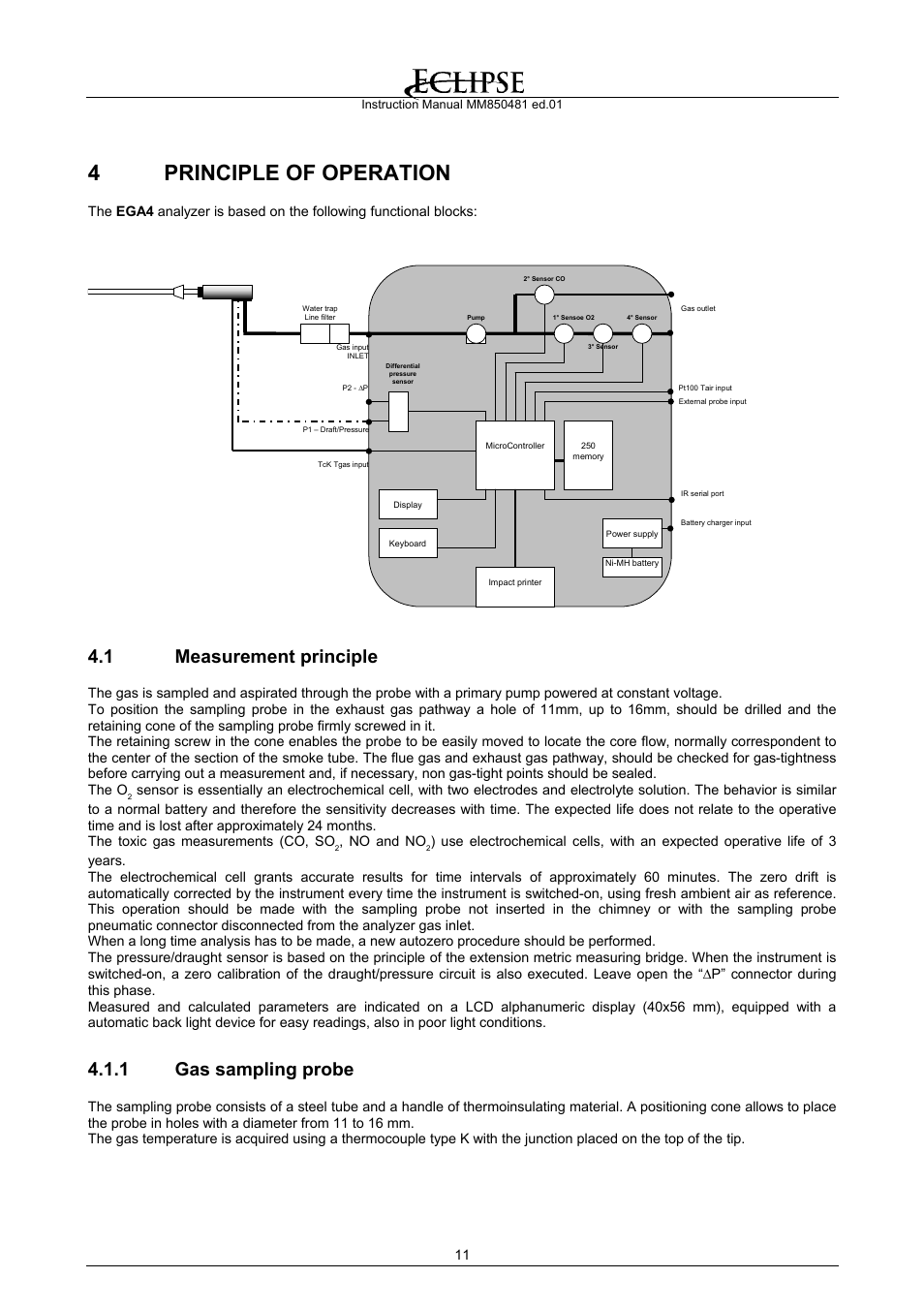 Principle of operation, Measurement principle, Gas sampling probe | 4principle of operation, 1 measurement principle, 1 gas sampling probe, No and no | Eclipse Combustion EGA4 User Manual | Page 11 / 50