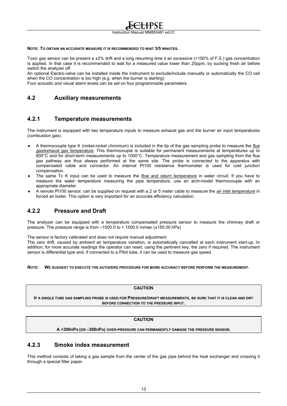 Auxiliary measurements, Temperature measurements, Pressure and draft | Smoke index measurement, 2 pressure and draft, 3 smoke index measurement | Eclipse Combustion EGA4 User Manual | Page 13 / 50