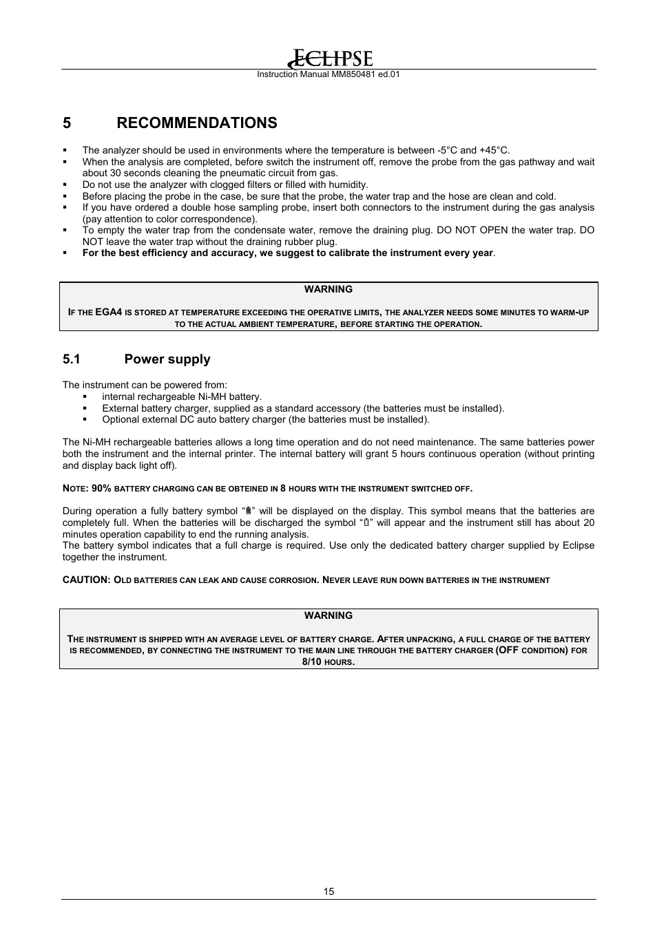 Recommendations, Power supply, 5 recommendations | 1 power supply | Eclipse Combustion EGA4 User Manual | Page 15 / 50