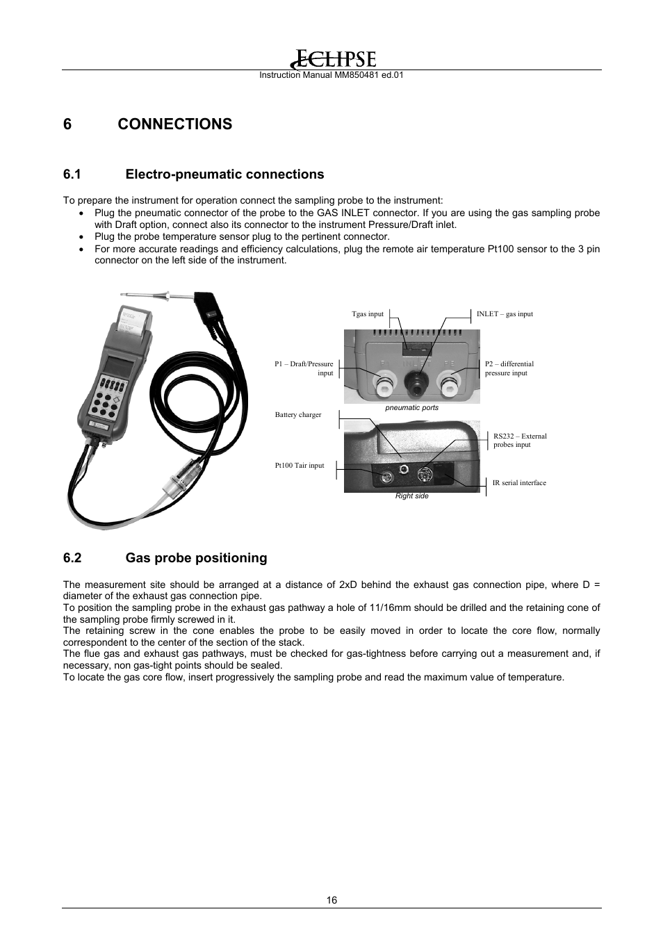 Connections, Electro-pneumatic connections, Gas probe positioning | 6 connections, 1 electro-pneumatic connections, 2 gas probe positioning | Eclipse Combustion EGA4 User Manual | Page 16 / 50