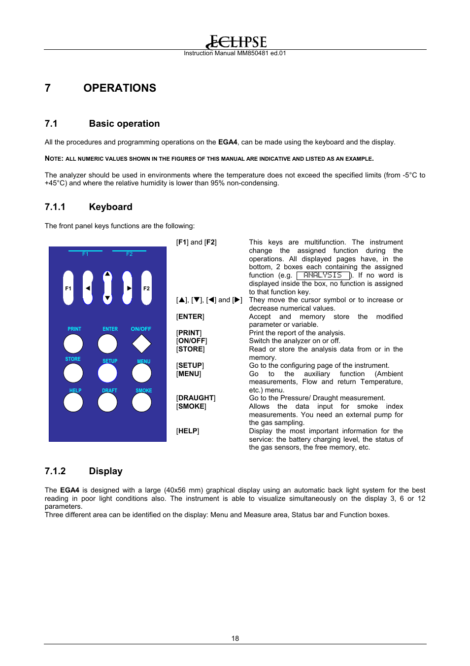 Operations, Basic operation, Keyboard | Display, 7 operations, 1 basic operation, 1 keyboard, 2 display | Eclipse Combustion EGA4 User Manual | Page 18 / 50