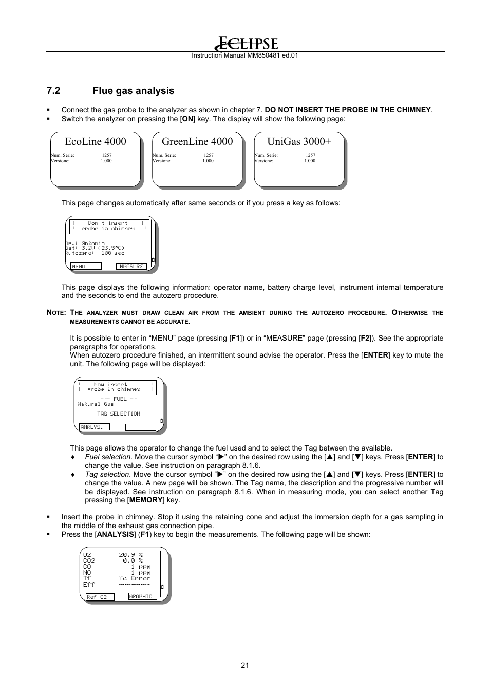 Flue gas analysis, Ecoline 4000, Greenline 4000 | Unigas 3000, 2 flue gas analysis | Eclipse Combustion EGA4 User Manual | Page 21 / 50
