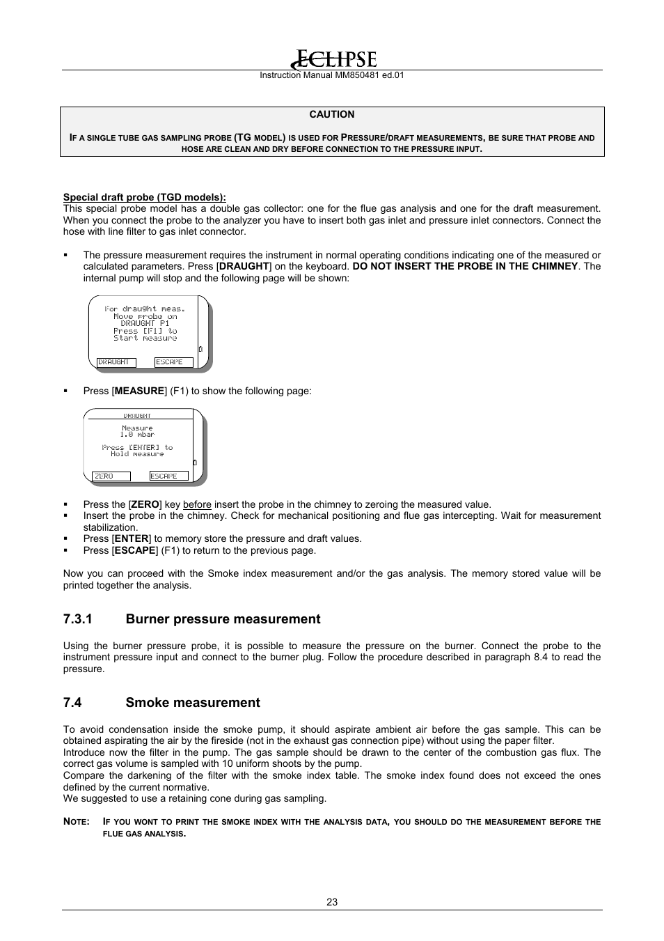 Burner pressure measurement, Smoke measurement, 1 burner pressure measurement | 4 smoke measurement | Eclipse Combustion EGA4 User Manual | Page 23 / 50