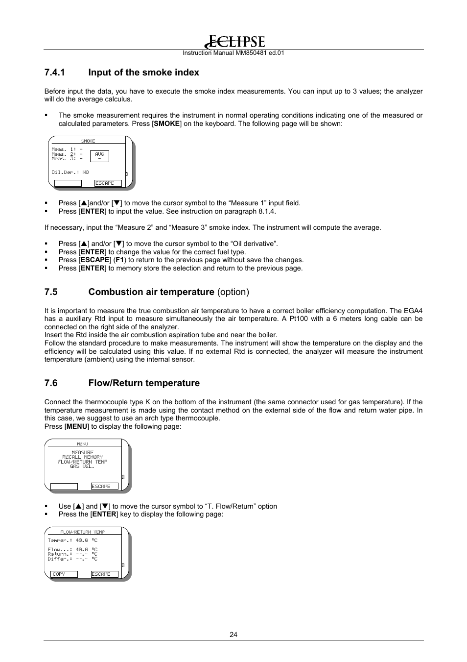 Input of the smoke index, Combustion air temperature (option), Flow/return temperature | 1 input of the smoke index, 5 combustion air temperature (option), 6 flow/return temperature | Eclipse Combustion EGA4 User Manual | Page 24 / 50