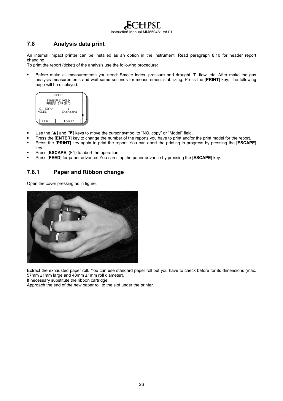 Analysis data print, Paper and ribbon change, 8 analysis data print | 1 paper and ribbon change | Eclipse Combustion EGA4 User Manual | Page 26 / 50