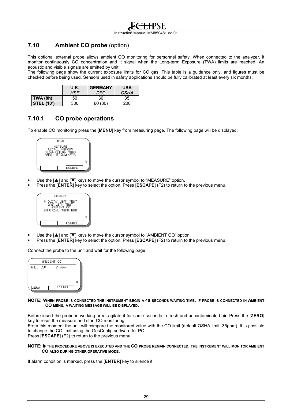 Ambient co probe (option), Co probe operations, 10 ambient co probe (option) | 1 co probe operations | Eclipse Combustion EGA4 User Manual | Page 29 / 50