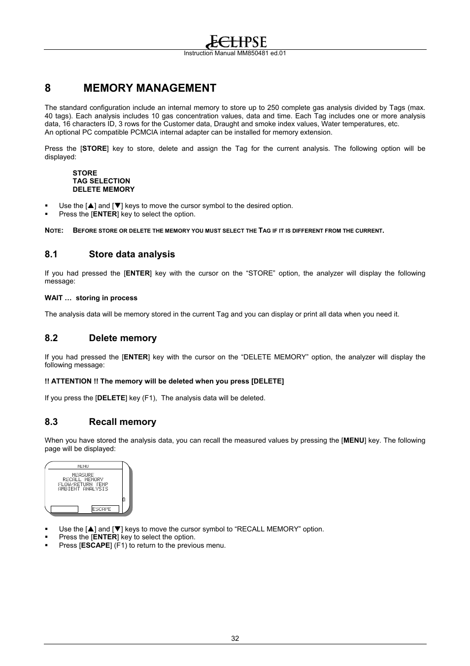 Memory management, Store data analysis, Delete memory | Recall memory, 1 store data analysis | Eclipse Combustion EGA4 User Manual | Page 32 / 50