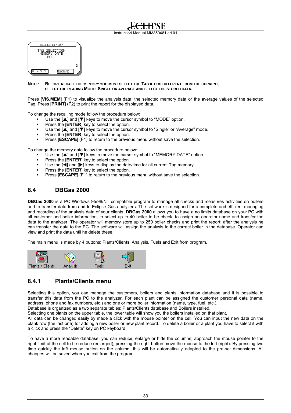 Dbgas 2000, Plants/clients menu, 1 plants/clients menu | Eclipse Combustion EGA4 User Manual | Page 33 / 50