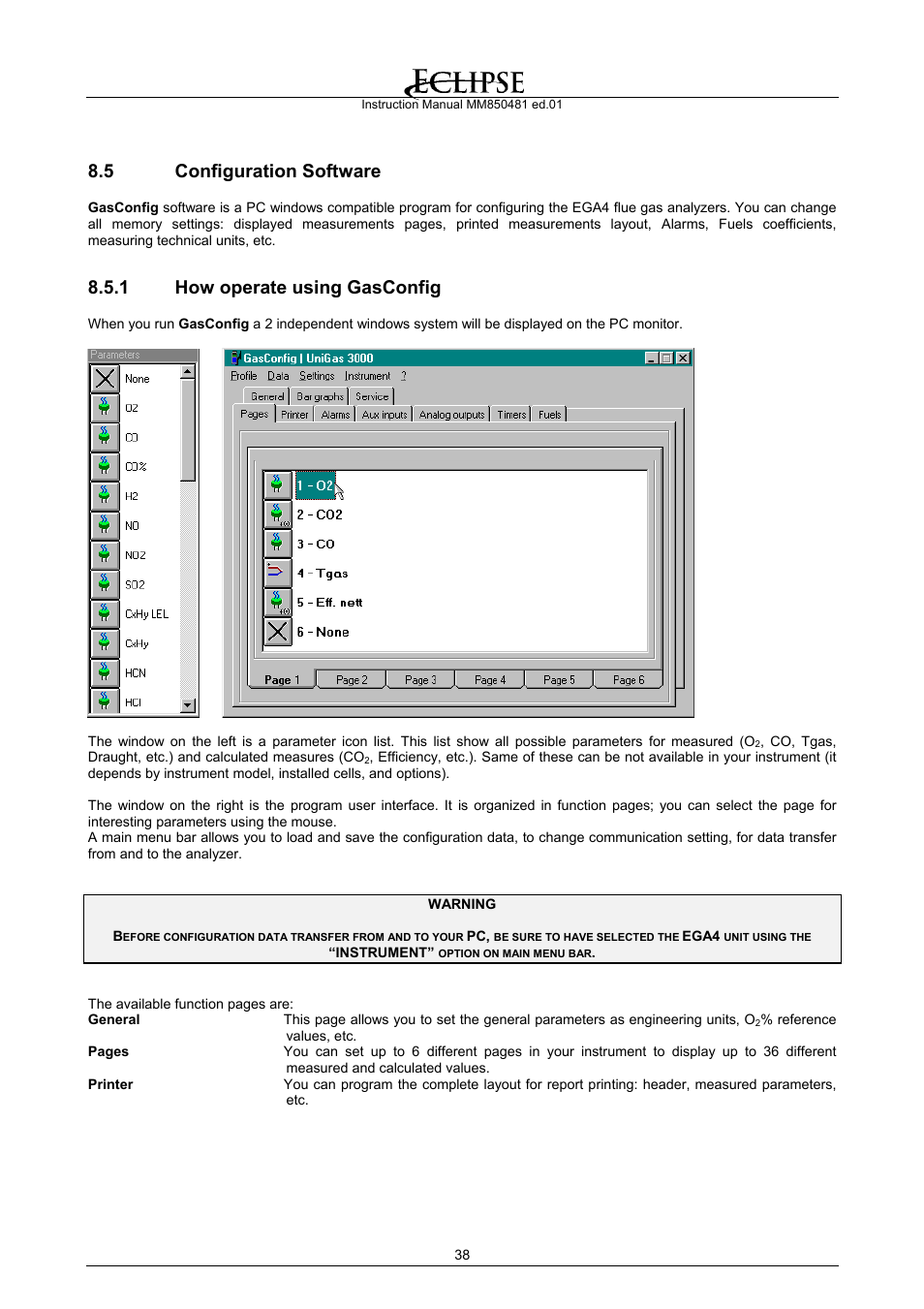 Configuration software, How operate using gasconfig, 5 configuration software | 1 how operate using gasconfig | Eclipse Combustion EGA4 User Manual | Page 38 / 50