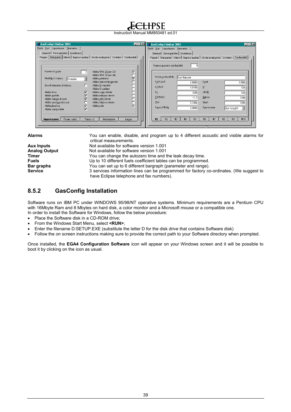 Gasconfig installation, 2 gasconfig installation | Eclipse Combustion EGA4 User Manual | Page 39 / 50