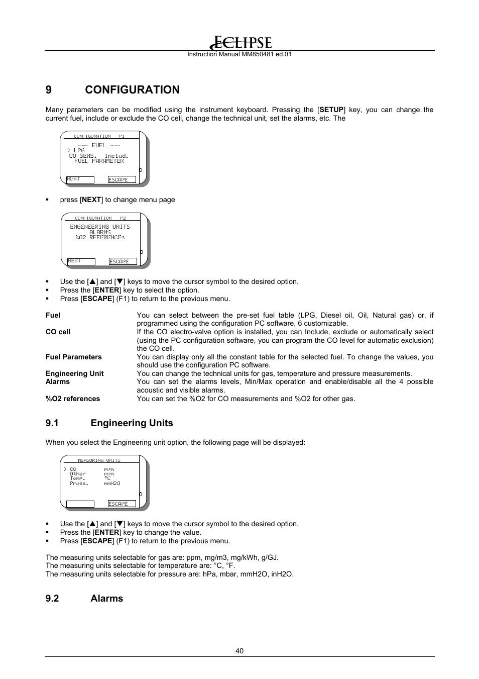 Configuration, Engineering units, Alarms | 9 configuration, 1 engineering units, 2 alarms | Eclipse Combustion EGA4 User Manual | Page 40 / 50