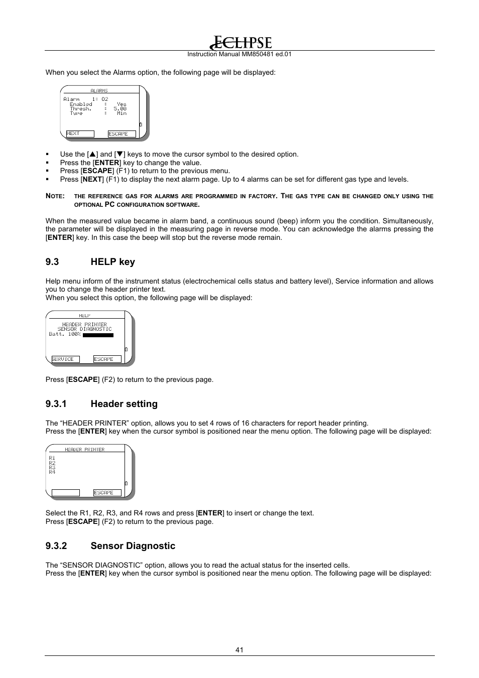 Help key, Header setting, Sensor diagnostic | 3 help key, 1 header setting, 2 sensor diagnostic | Eclipse Combustion EGA4 User Manual | Page 41 / 50