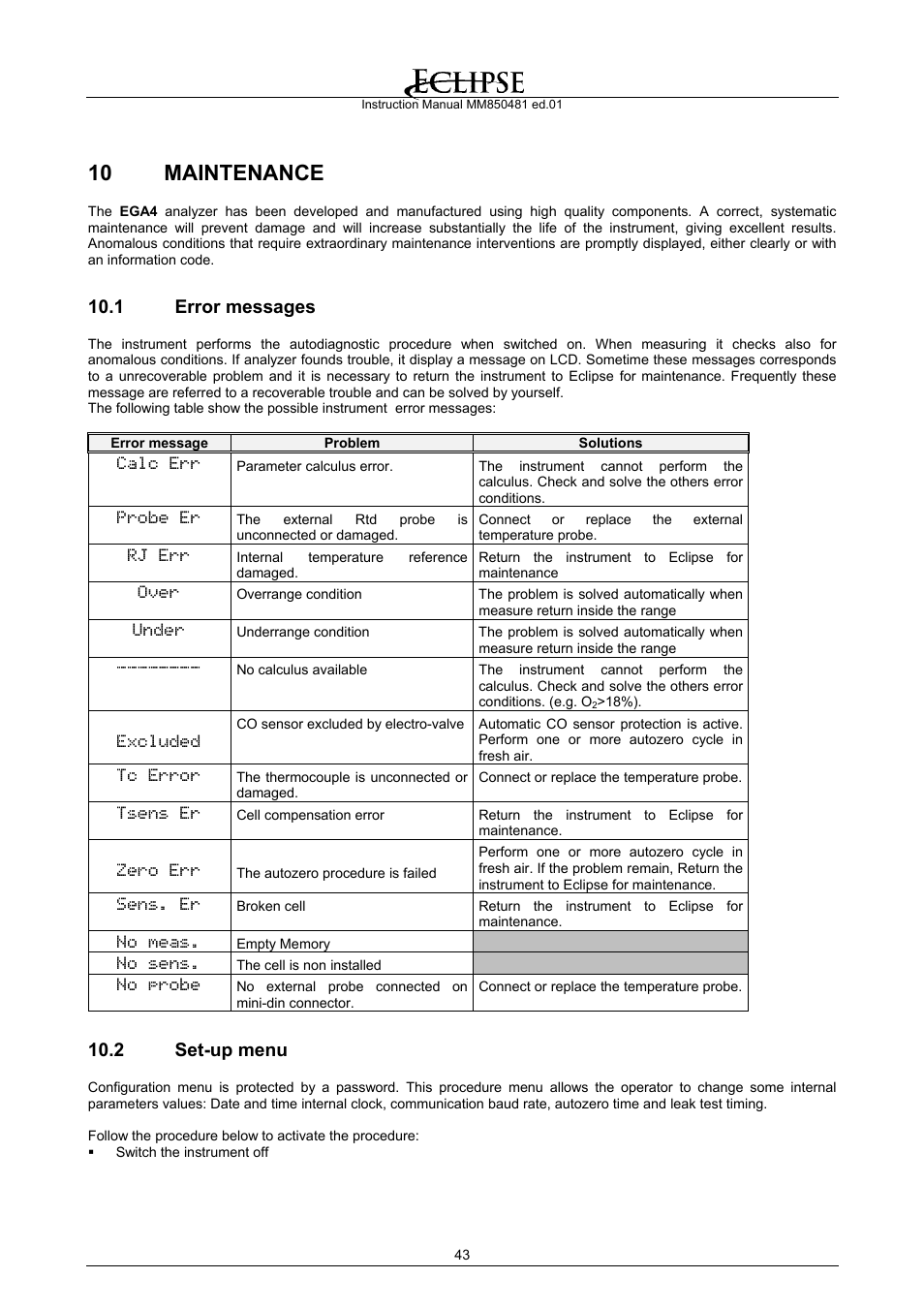 Maintenance, Error messages, Set-up menu | 10 maintenance, 1 error messages, 2 set-up menu | Eclipse Combustion EGA4 User Manual | Page 43 / 50