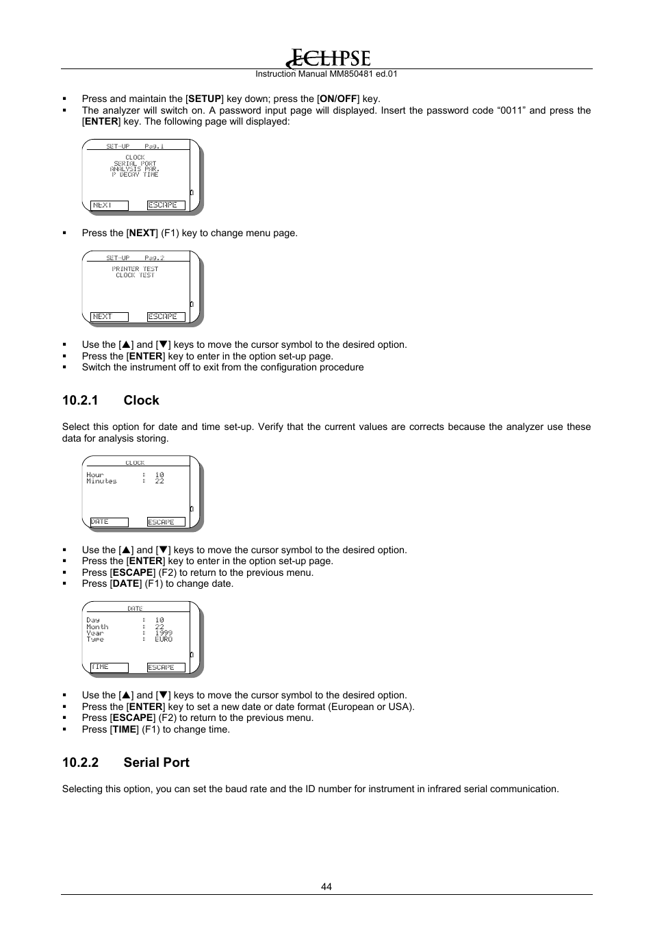 Clock, Serial port, 1 clock | 2 serial port | Eclipse Combustion EGA4 User Manual | Page 44 / 50