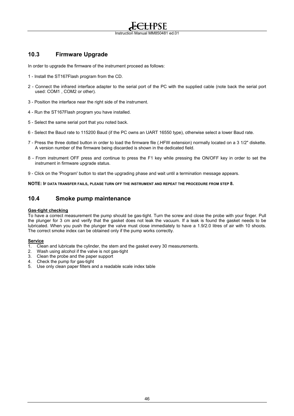 Firmware upgrade, Smoke pump maintenance, 3 firmware upgrade | 4 smoke pump maintenance | Eclipse Combustion EGA4 User Manual | Page 46 / 50