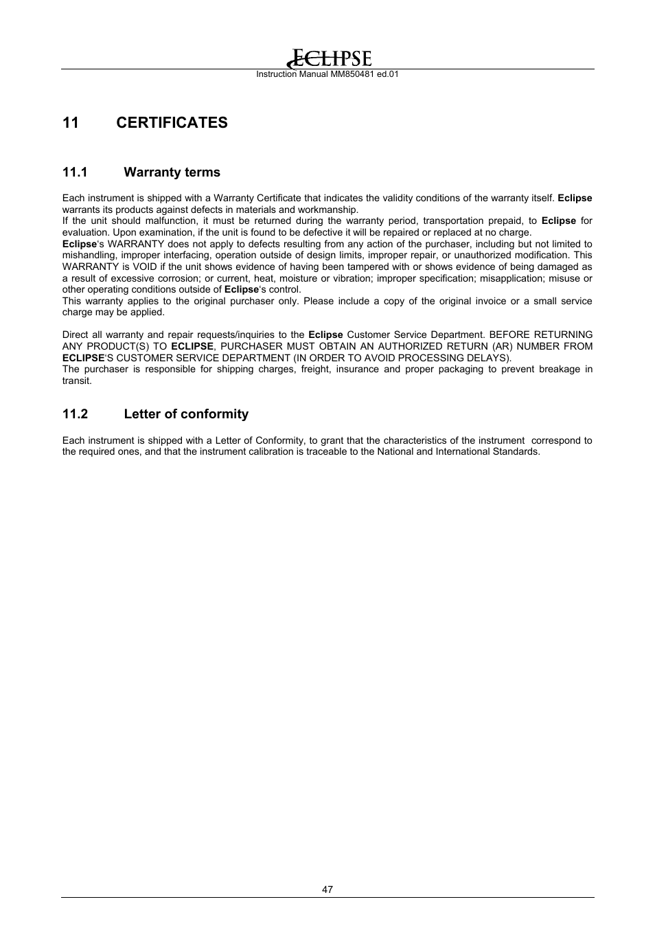 Certificates, Warranty terms, Letter of conformity | 11 certificates | Eclipse Combustion EGA4 User Manual | Page 47 / 50