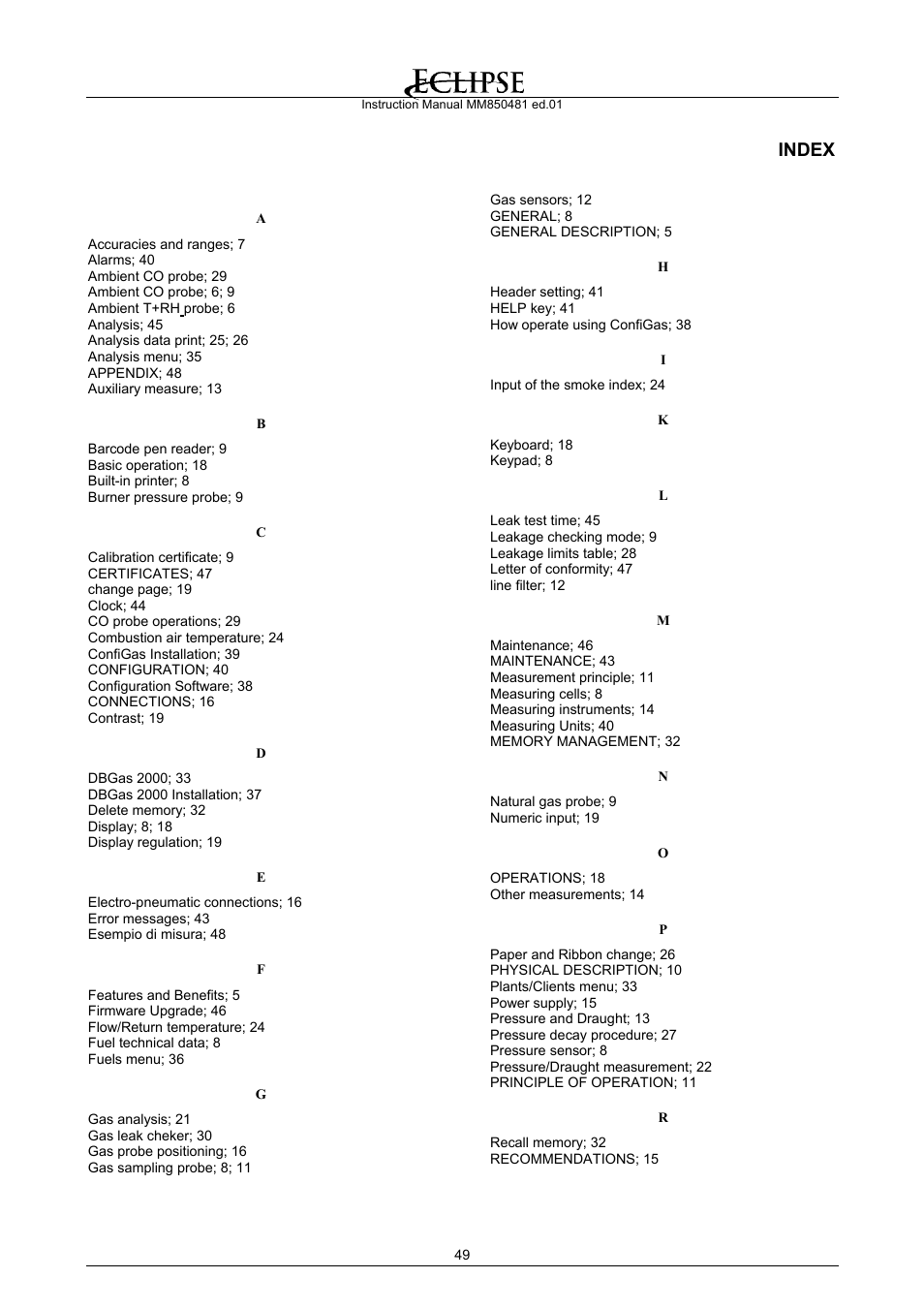 Index | Eclipse Combustion EGA4 User Manual | Page 49 / 50