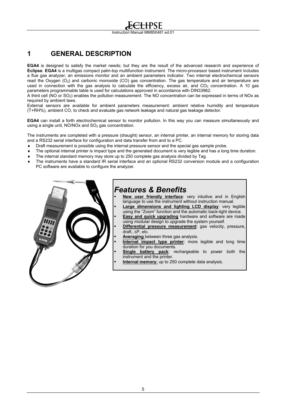 General description, Features & benefits, 1 general description | Eclipse Combustion EGA4 User Manual | Page 5 / 50