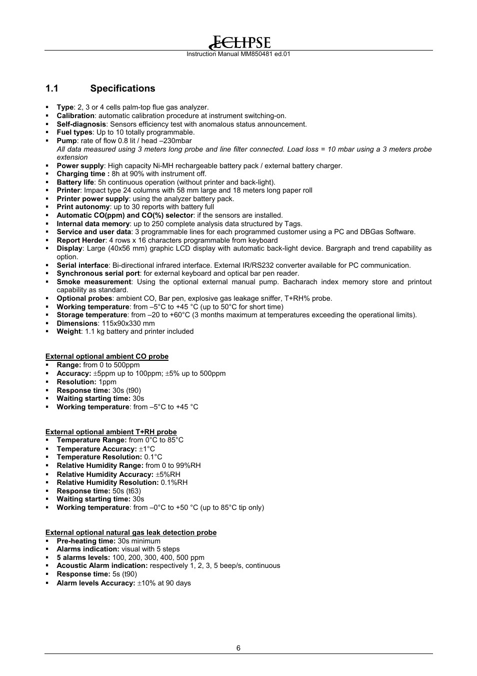 Specifications, 1 specifications | Eclipse Combustion EGA4 User Manual | Page 6 / 50