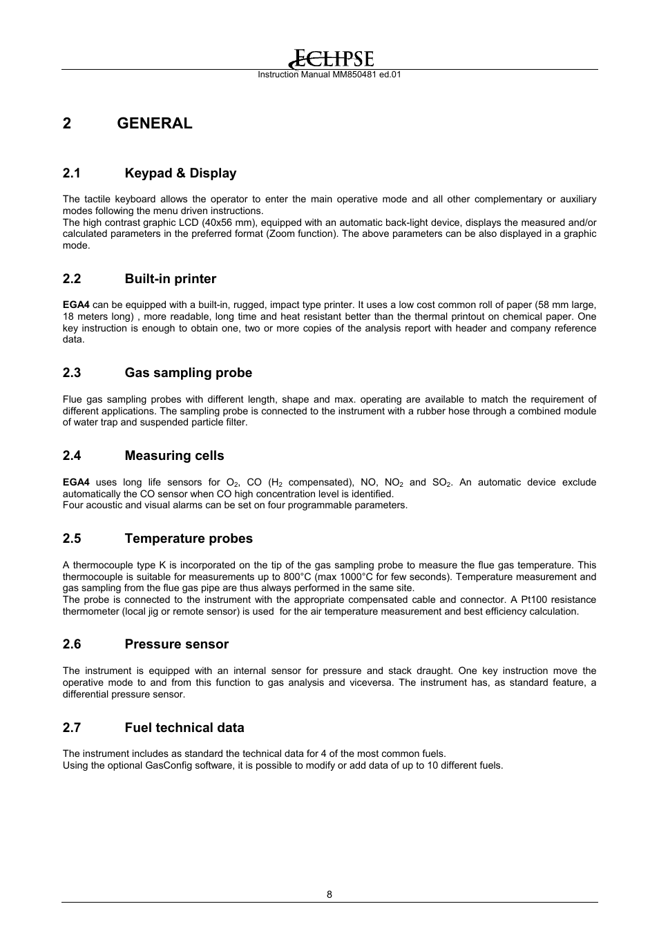 General, Keypad & display, Built-in printer | Gas sampling probe, Measuring cells, Temperature probes, Pressure sensor, Fuel technical data, 2 general | Eclipse Combustion EGA4 User Manual | Page 8 / 50
