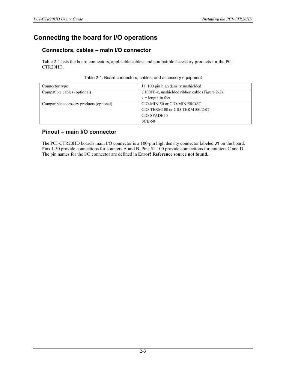 Connecting the board for i/o operations, Connectors, cables – main i/o connector, Pinout – main i/o connector | Connecting the board for i/o operations -3, Connectors, cables – main i/o connector -3, Pinout – main i/o connector -3 | Measurement Computing PCI-CTR20HD User Manual | Page 11 / 21