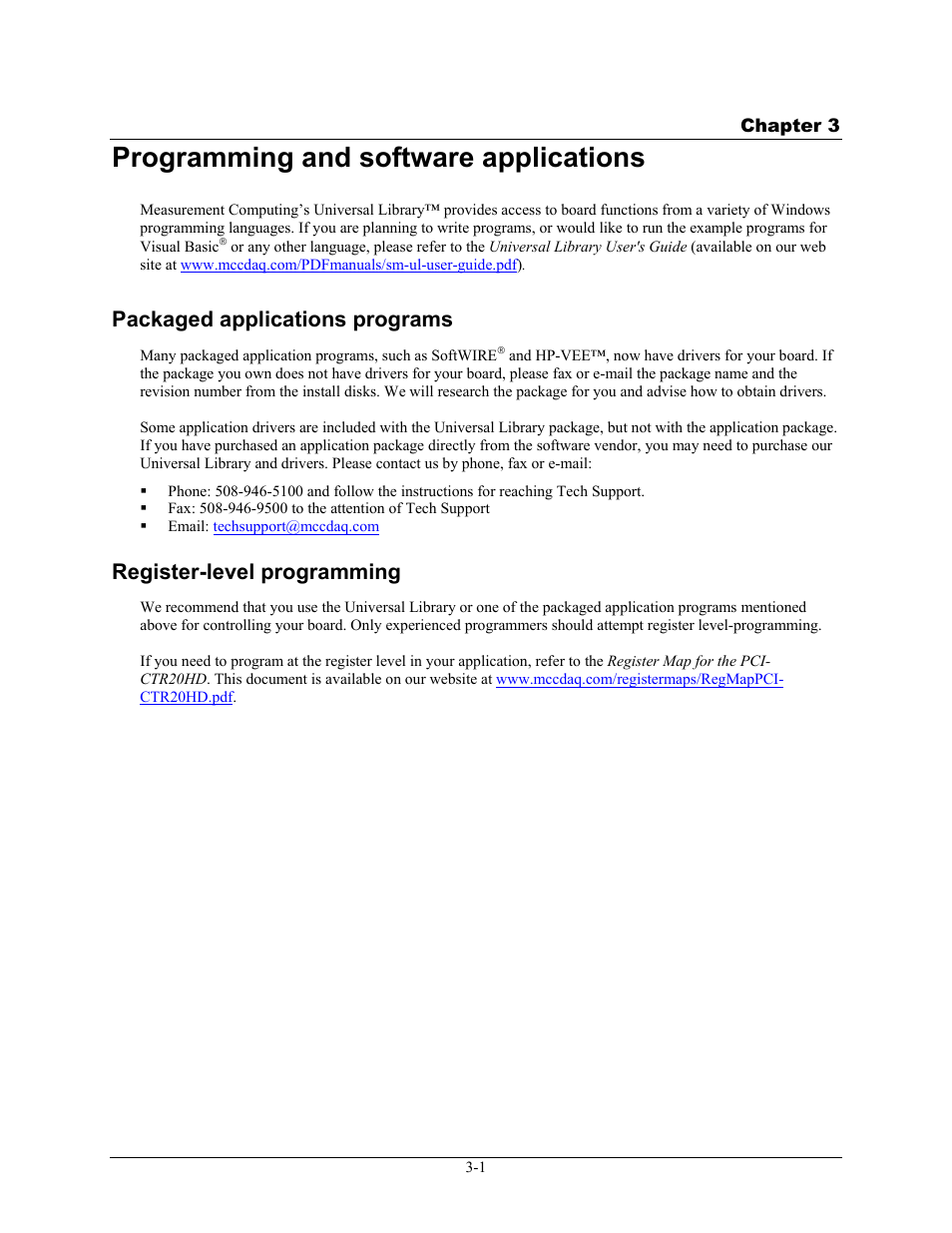 Programming and software applications, Packaged applications programs, Register-level programming | Programming and software applications -1, Packaged applications programs -1, Register-level programming -1 | Measurement Computing PCI-CTR20HD User Manual | Page 15 / 21
