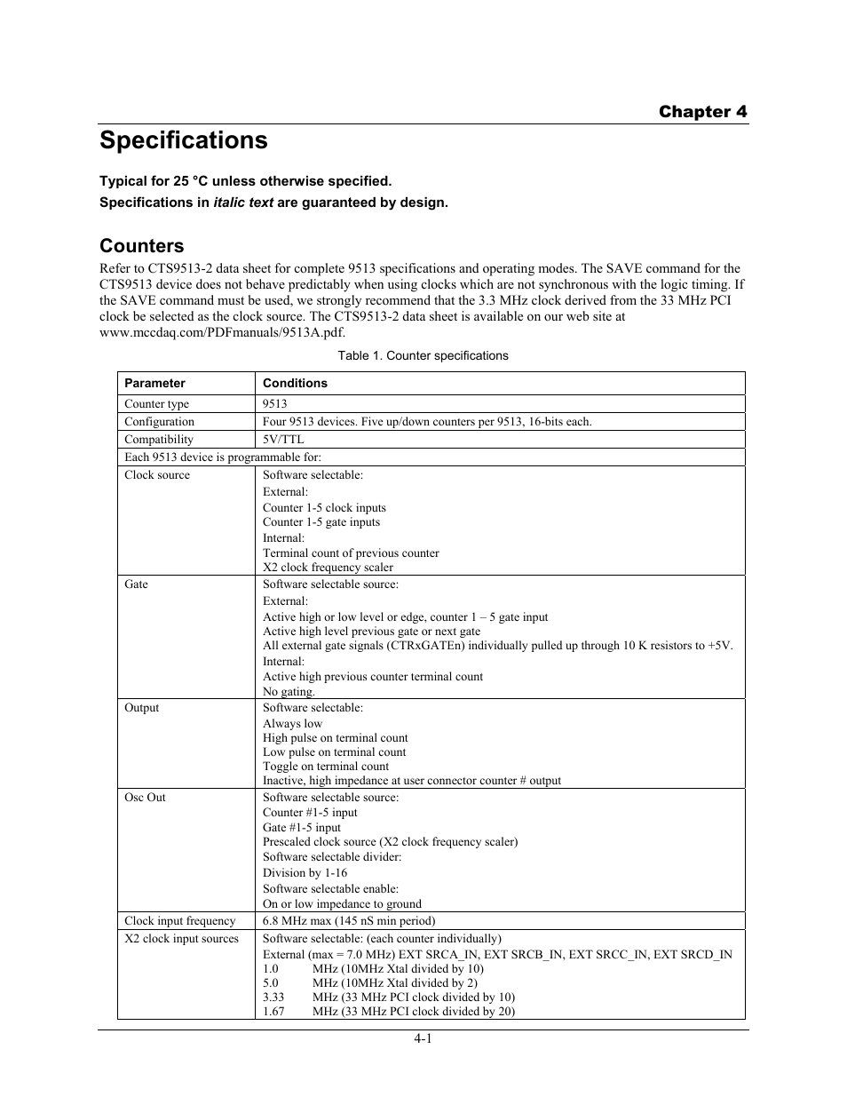 Specifications, Counters, Specifications -1 | Counters -1 | Measurement Computing PCI-CTR20HD User Manual | Page 16 / 21