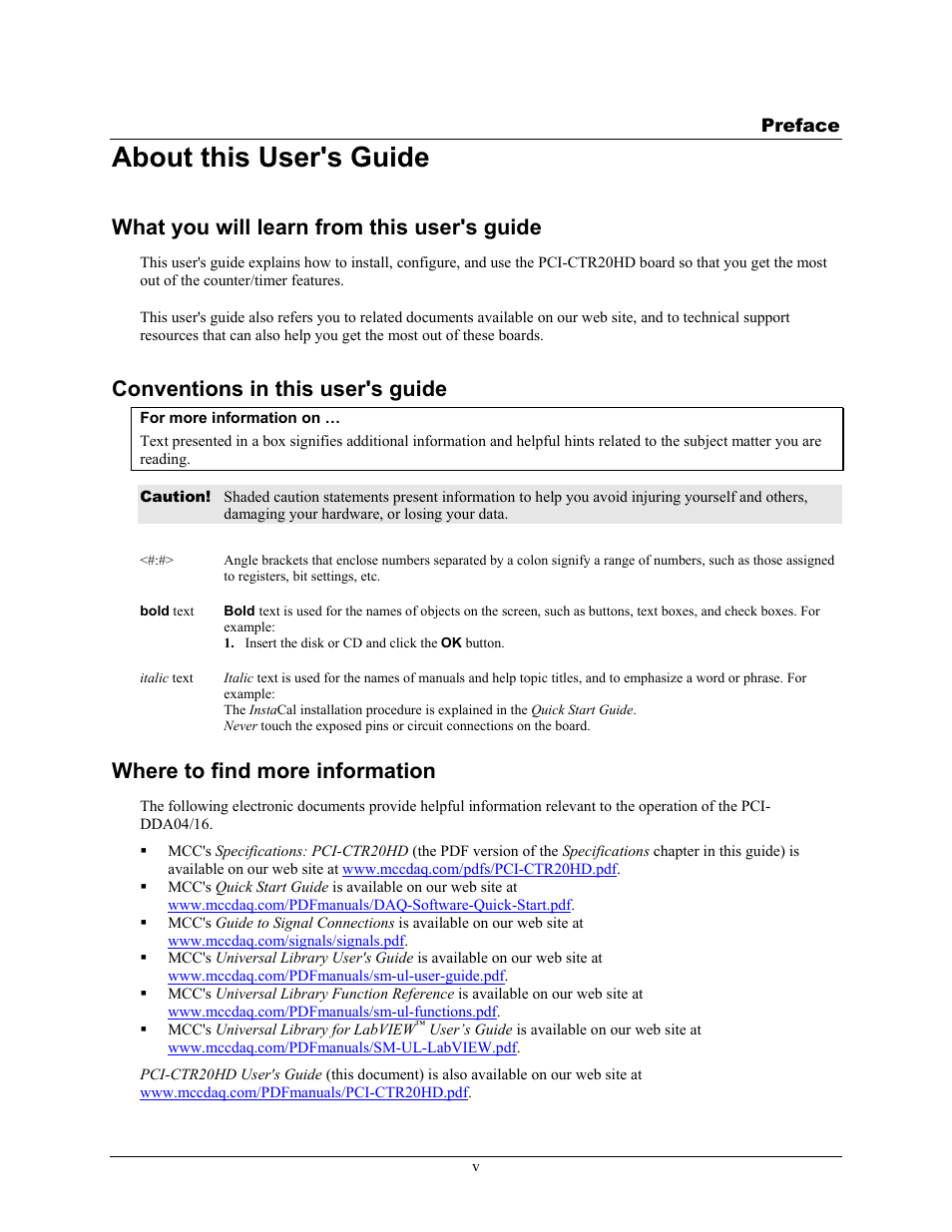 Preface, About this user's guide, What you will learn from this user's guide | Conventions in this user's guide, Where to find more information | Measurement Computing PCI-CTR20HD User Manual | Page 6 / 21