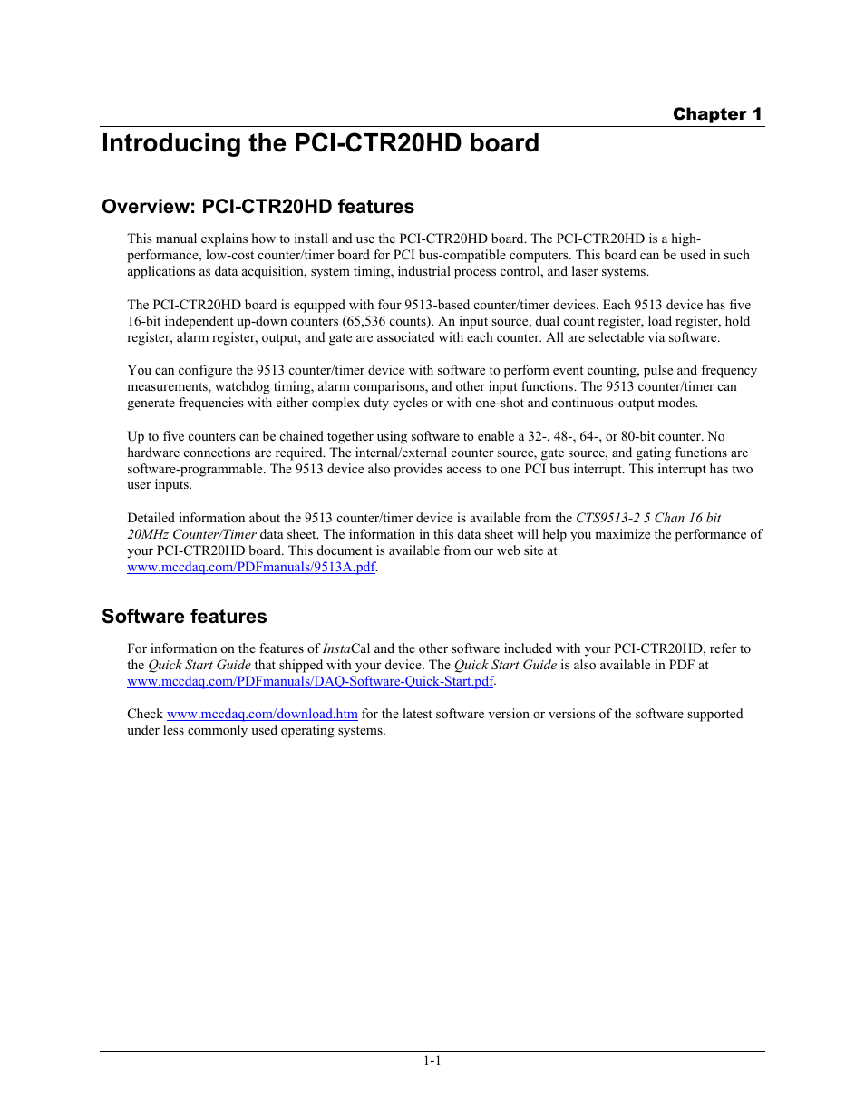 Introducing the pci-ctr20hd board, Overview: pci-ctr20hd features, Software features | Introducing the pci-ctr20hd board -1, Overview: pci-ctr20hd features -1, Software features -1 | Measurement Computing PCI-CTR20HD User Manual | Page 7 / 21
