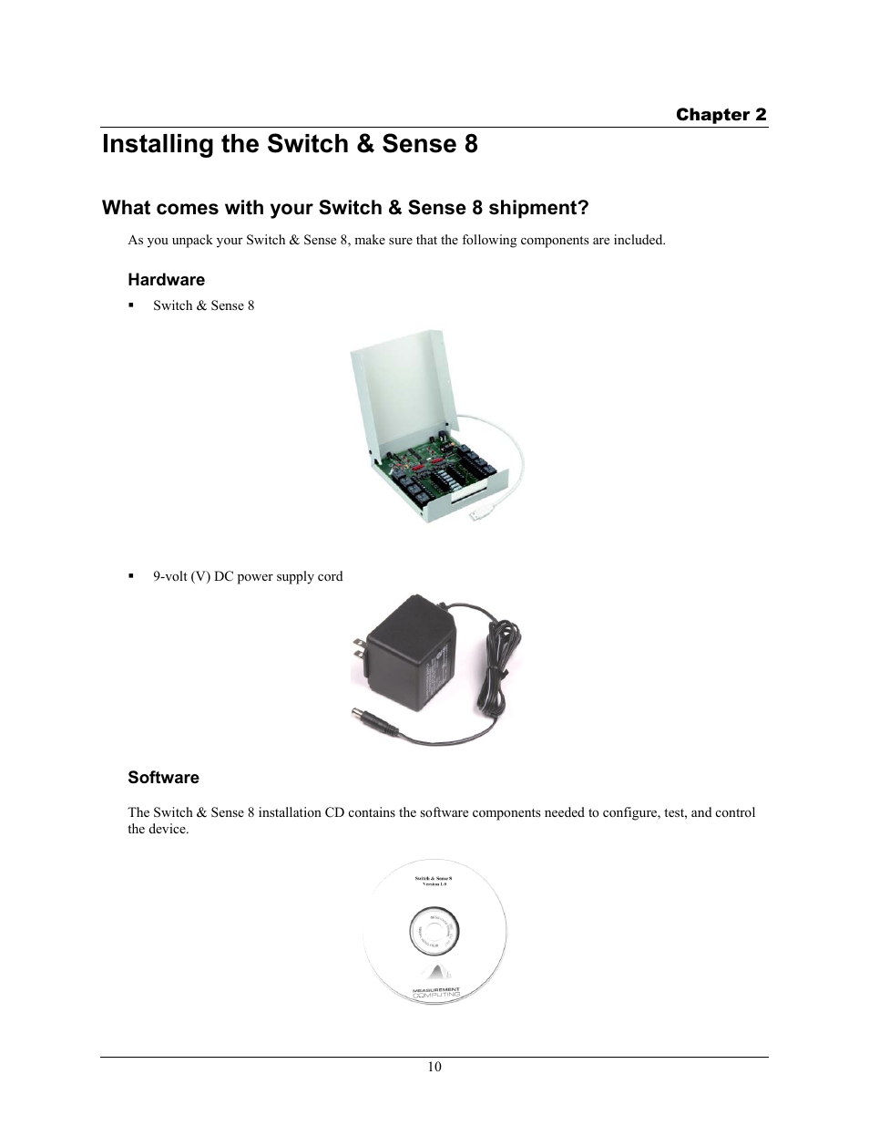 Installing the switch & sense 8, What comes with your switch & sense 8 shipment, Hardware | Software, Chapter 2 | Measurement Computing SWITCH User Manual | Page 10 / 34