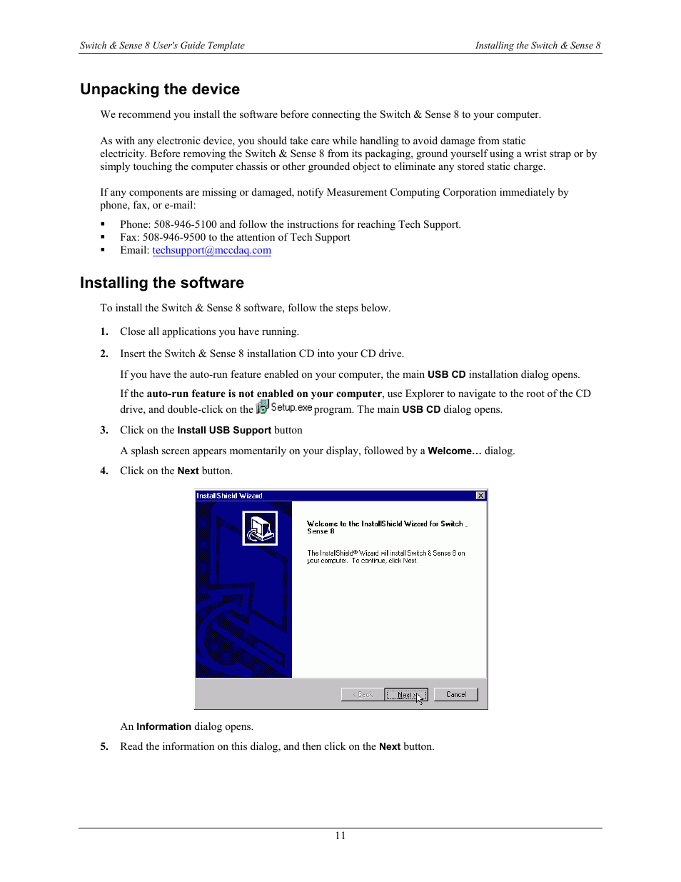 Unpacking the device, Installing the software | Measurement Computing SWITCH User Manual | Page 11 / 34