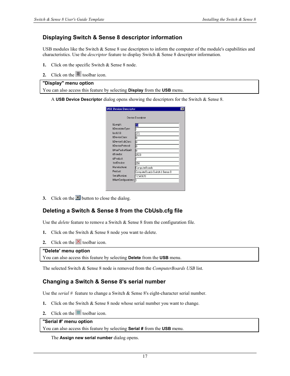Displaying switch & sense 8 descriptor information, Changing a switch & sense 8's serial number | Measurement Computing SWITCH User Manual | Page 17 / 34