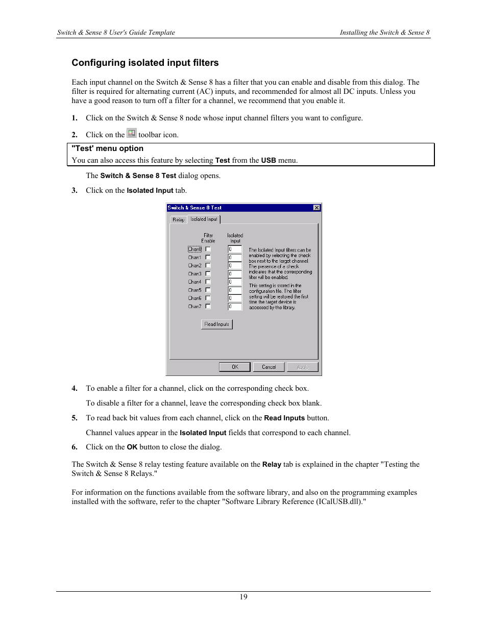 Configuring isolated input filters | Measurement Computing SWITCH User Manual | Page 19 / 34