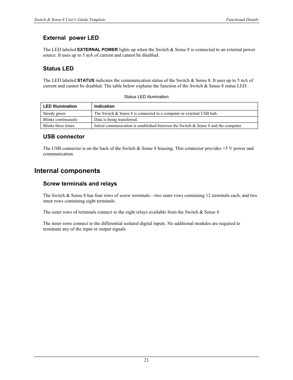 External power led, Status led, Usb connector | Internal components, Screw terminals and relays | Measurement Computing SWITCH User Manual | Page 21 / 34