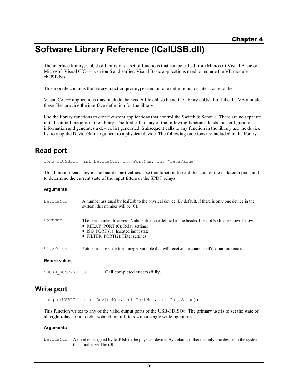 Software library reference (icalusb.dll), Read port, Write port | Chapter 4 | Measurement Computing SWITCH User Manual | Page 26 / 34