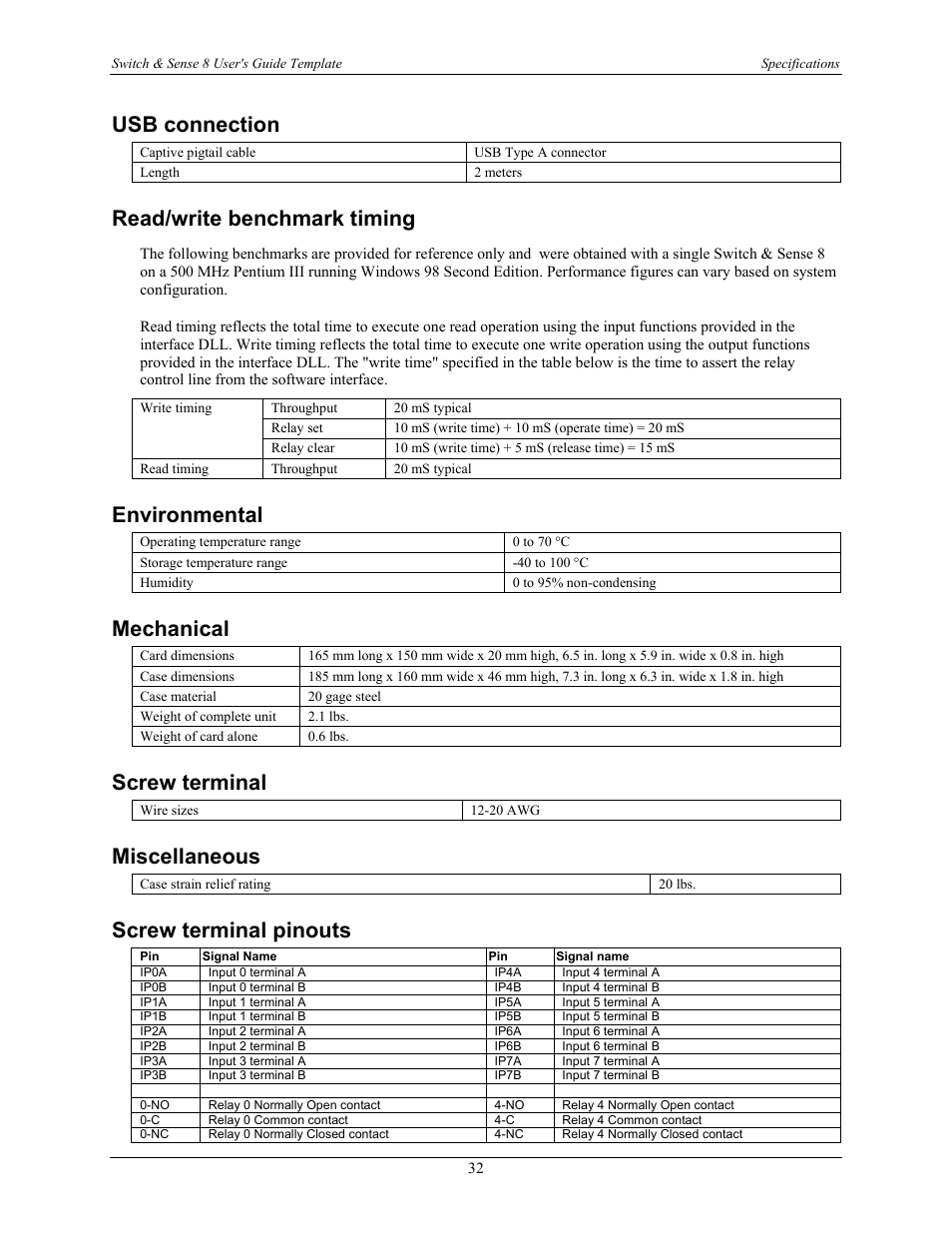 Usb connection, Read/write benchmark timing, Environmental | Mechanical, Screw terminal, Miscellaneous, Screw terminal pinouts | Measurement Computing SWITCH User Manual | Page 32 / 34