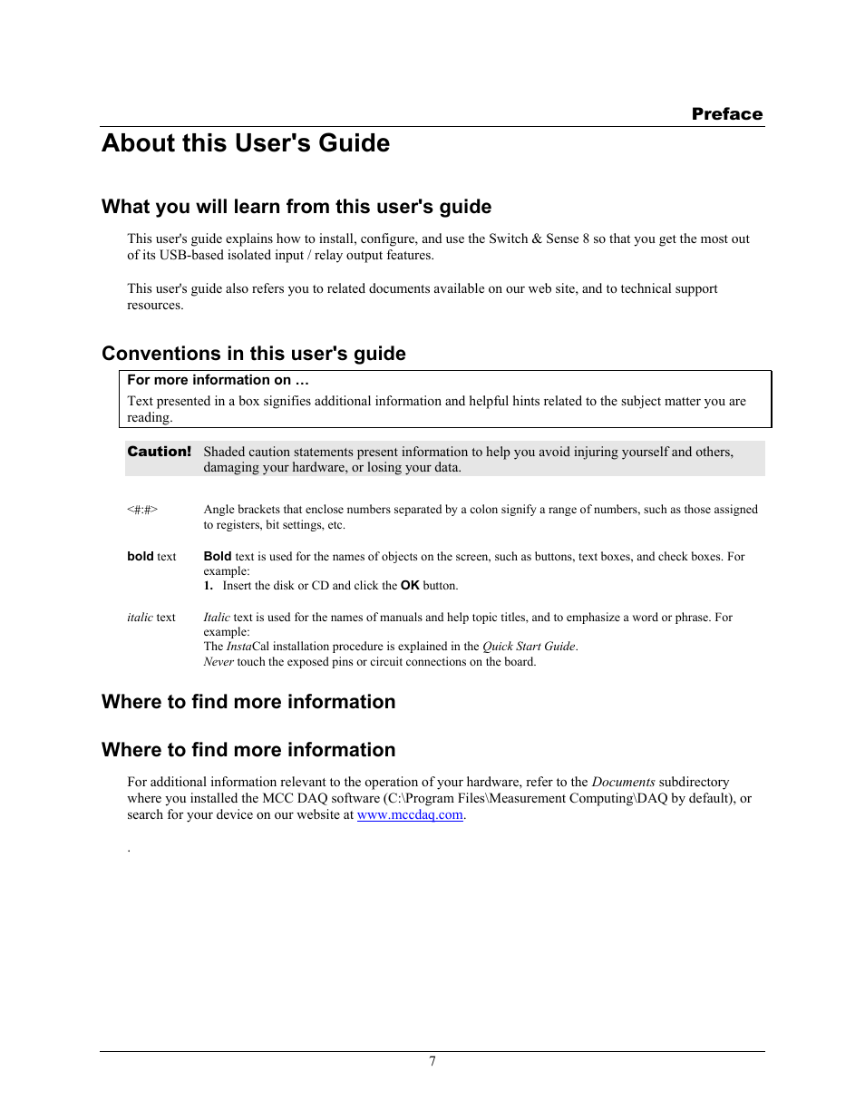 Preface, About this user's guide, What you will learn from this user's guide | Conventions in this user's guide, Where to find more information | Measurement Computing SWITCH User Manual | Page 7 / 34